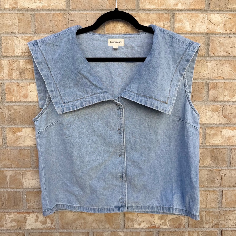Stitch & Co Denim Sailor Collar Vest Crop Button Front Light Wash Size 1X